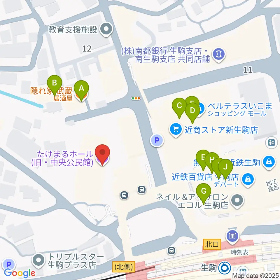 たけまるホール周辺のファミレス・ファーストフード一覧地図