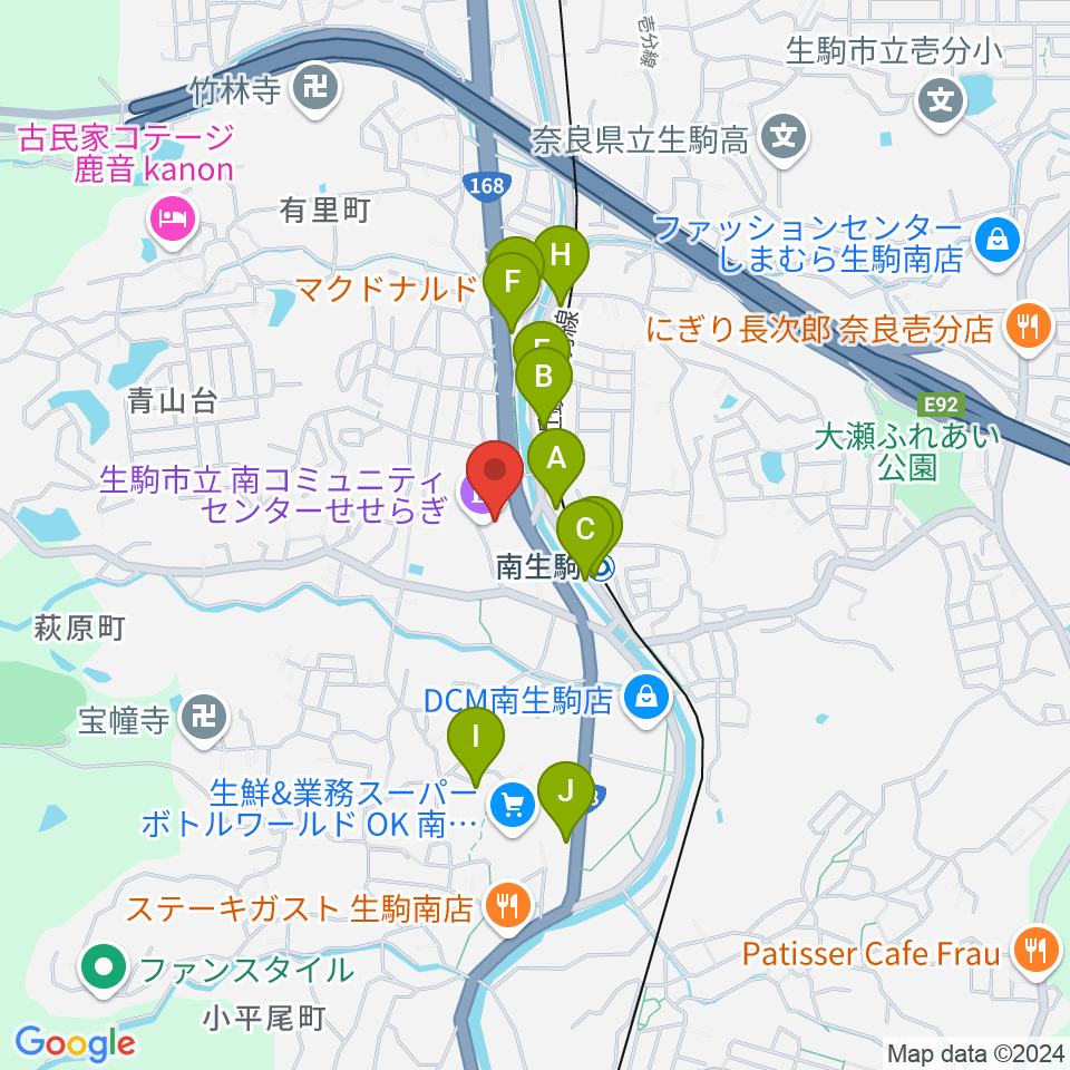 生駒市立南コミュニティセンターせせらぎ周辺のファミレス・ファーストフード一覧地図