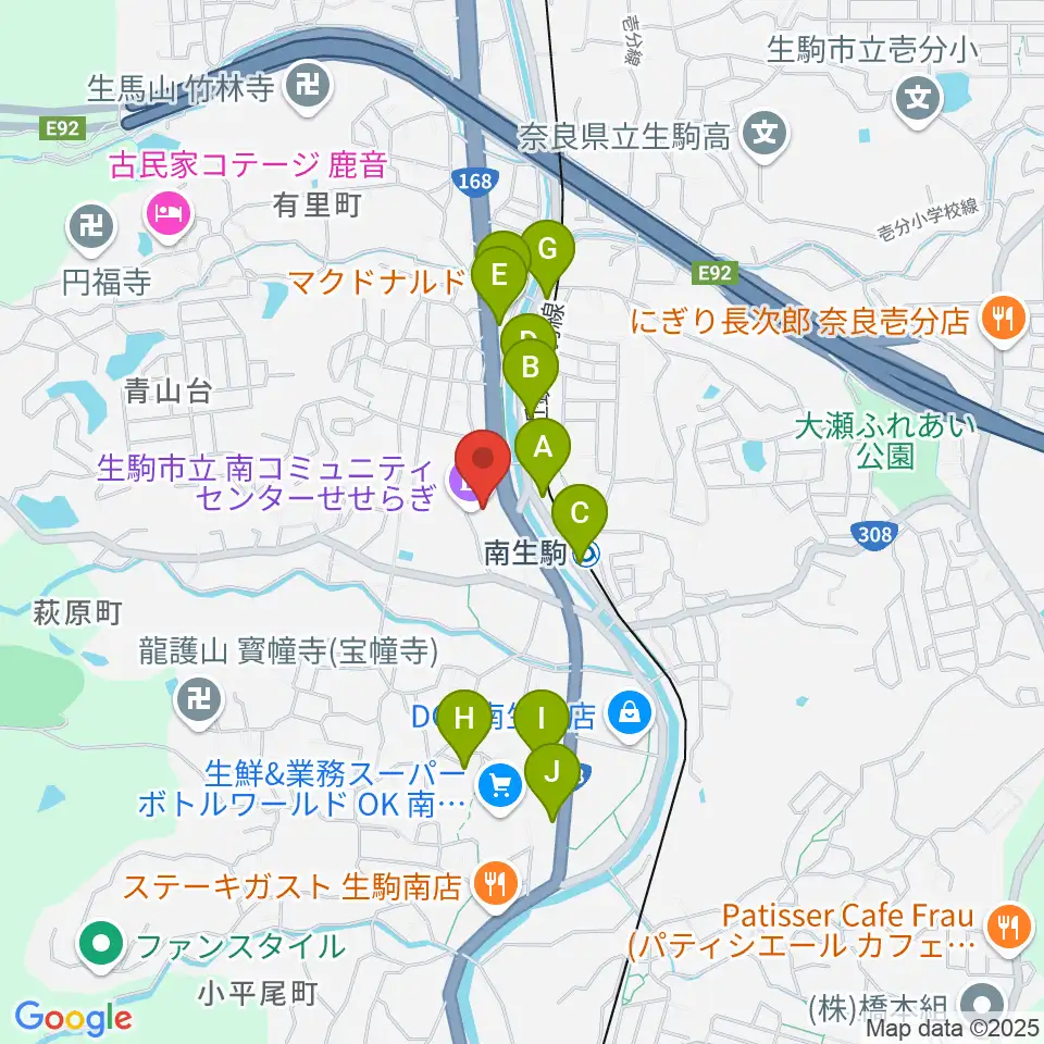 生駒市立南コミュニティセンターせせらぎ周辺のファミレス・ファーストフード一覧地図