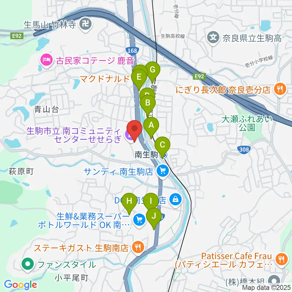 生駒市立南コミュニティセンターせせらぎ周辺のファミレス・ファーストフード一覧地図