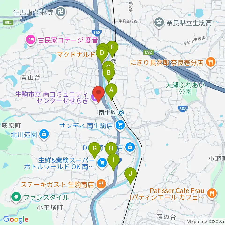生駒市立南コミュニティセンターせせらぎ周辺のファミレス・ファーストフード一覧地図