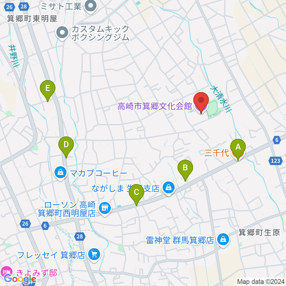 箕郷文化会館周辺のファミレス・ファーストフード一覧地図