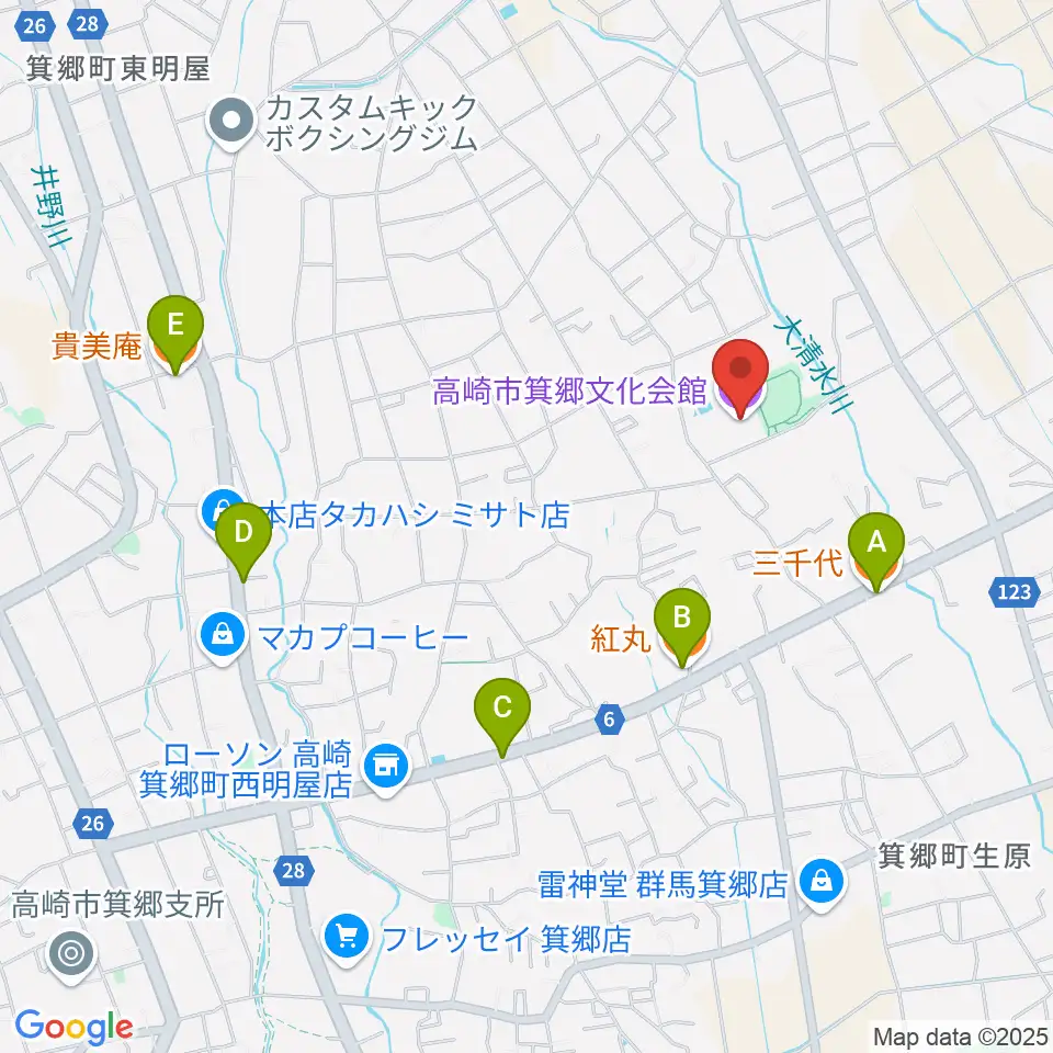 箕郷文化会館周辺のファミレス・ファーストフード一覧地図