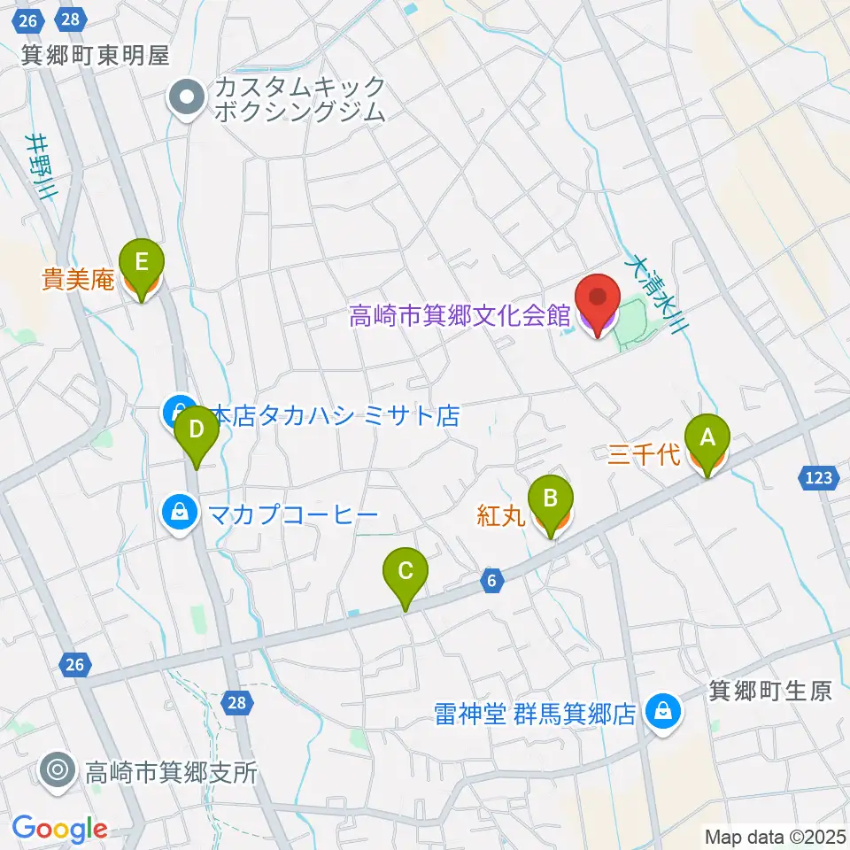 高崎市箕郷文化会館周辺のファミレス・ファーストフード一覧地図