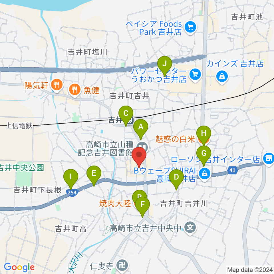 吉井文化会館周辺のファミレス・ファーストフード一覧地図