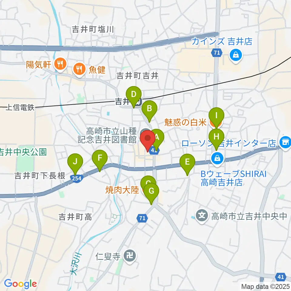 吉井文化会館周辺のファミレス・ファーストフード一覧地図