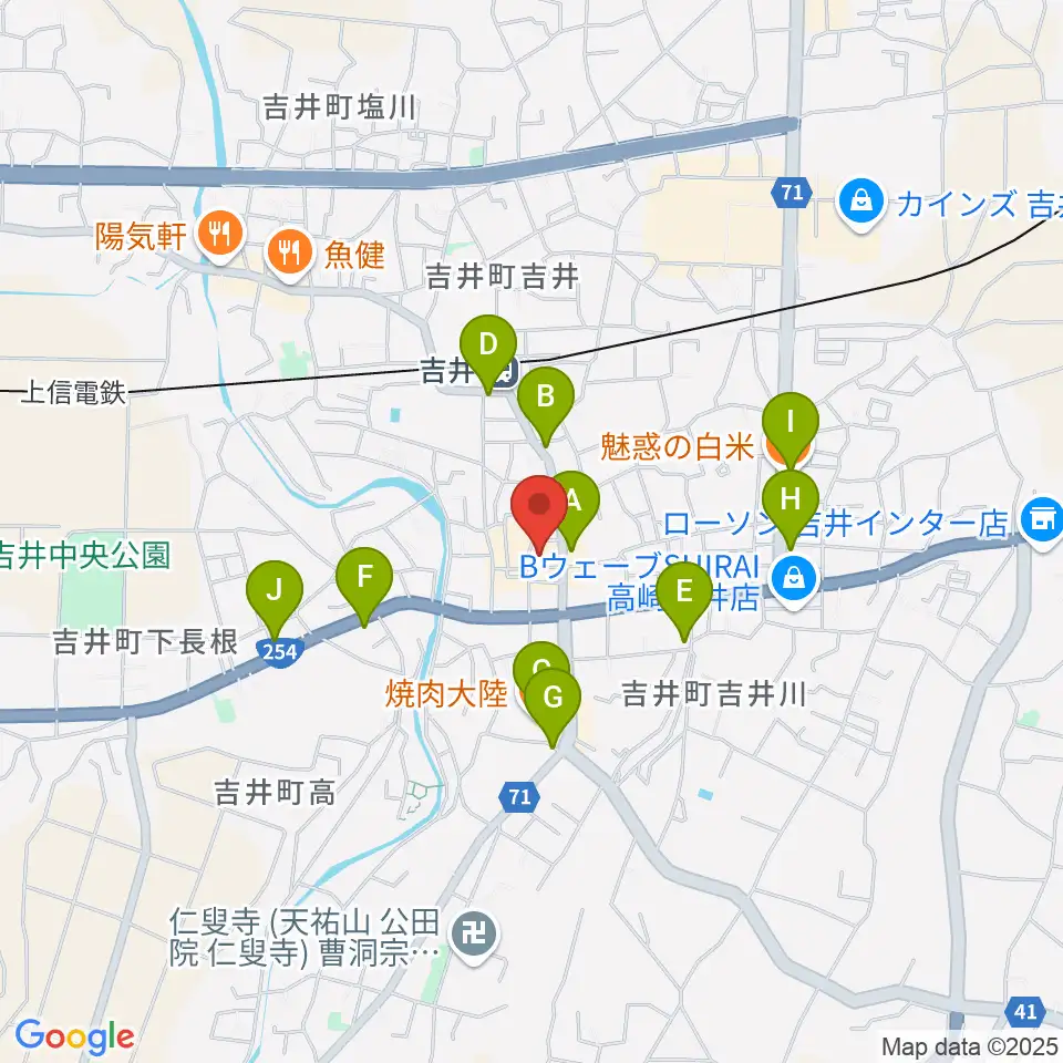 吉井文化会館周辺のファミレス・ファーストフード一覧地図
