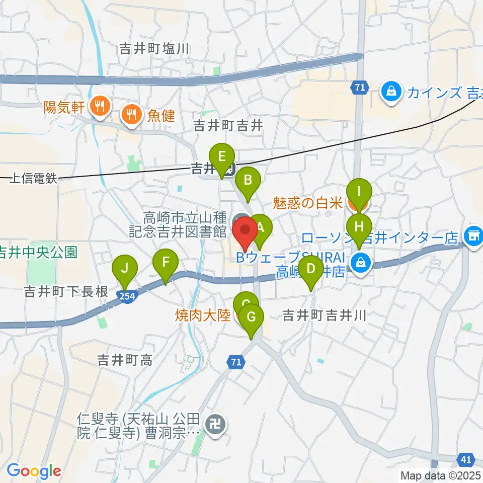 吉井文化会館周辺のファミレス・ファーストフード一覧地図