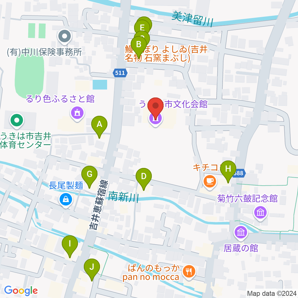 うきは市白壁ホール周辺のファミレス・ファーストフード一覧地図