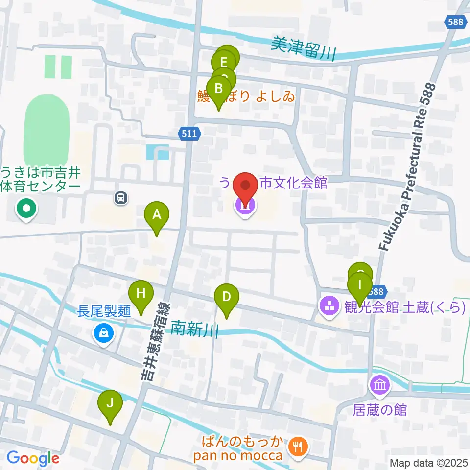 うきは市白壁ホール周辺のファミレス・ファーストフード一覧地図