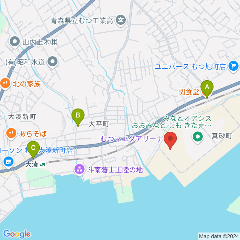 むつマエダアリーナ周辺のファミレス・ファーストフード一覧地図