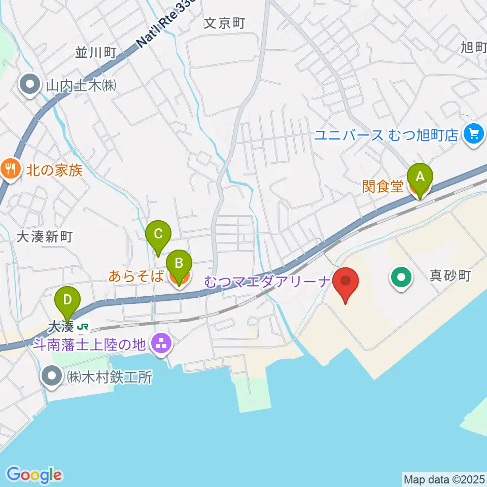 むつマエダアリーナ周辺のファミレス・ファーストフード一覧地図
