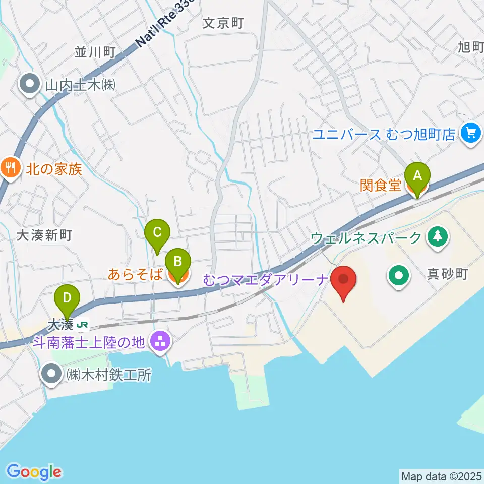 むつマエダアリーナ周辺のファミレス・ファーストフード一覧地図