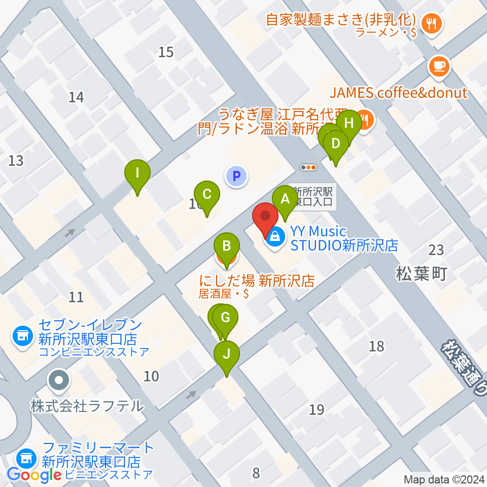 ワイワイミュージックスタジオ新所沢店周辺のファミレス・ファーストフード一覧地図