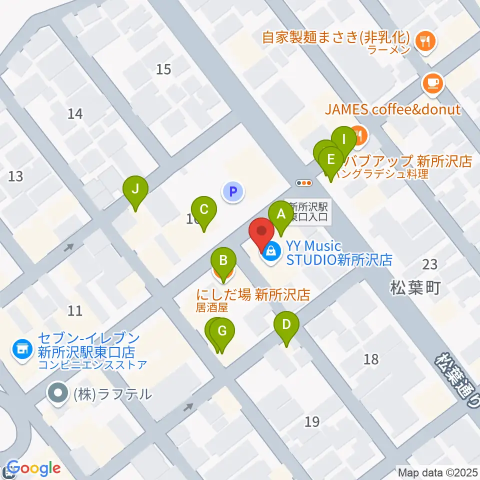 ワイワイミュージックスタジオ新所沢店周辺のファミレス・ファーストフード一覧地図