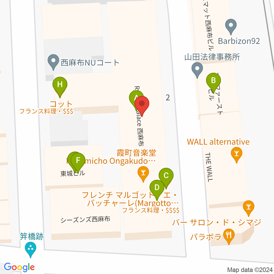 霞町音楽堂周辺のファミレス・ファーストフード一覧地図