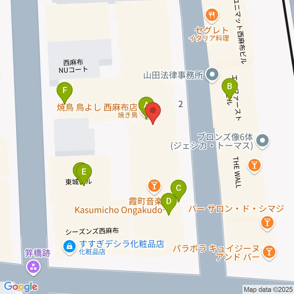 霞町音楽堂周辺のファミレス・ファーストフード一覧地図