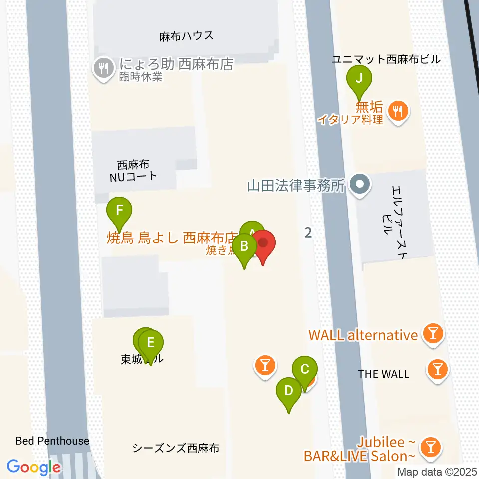 霞町音楽堂周辺のファミレス・ファーストフード一覧地図