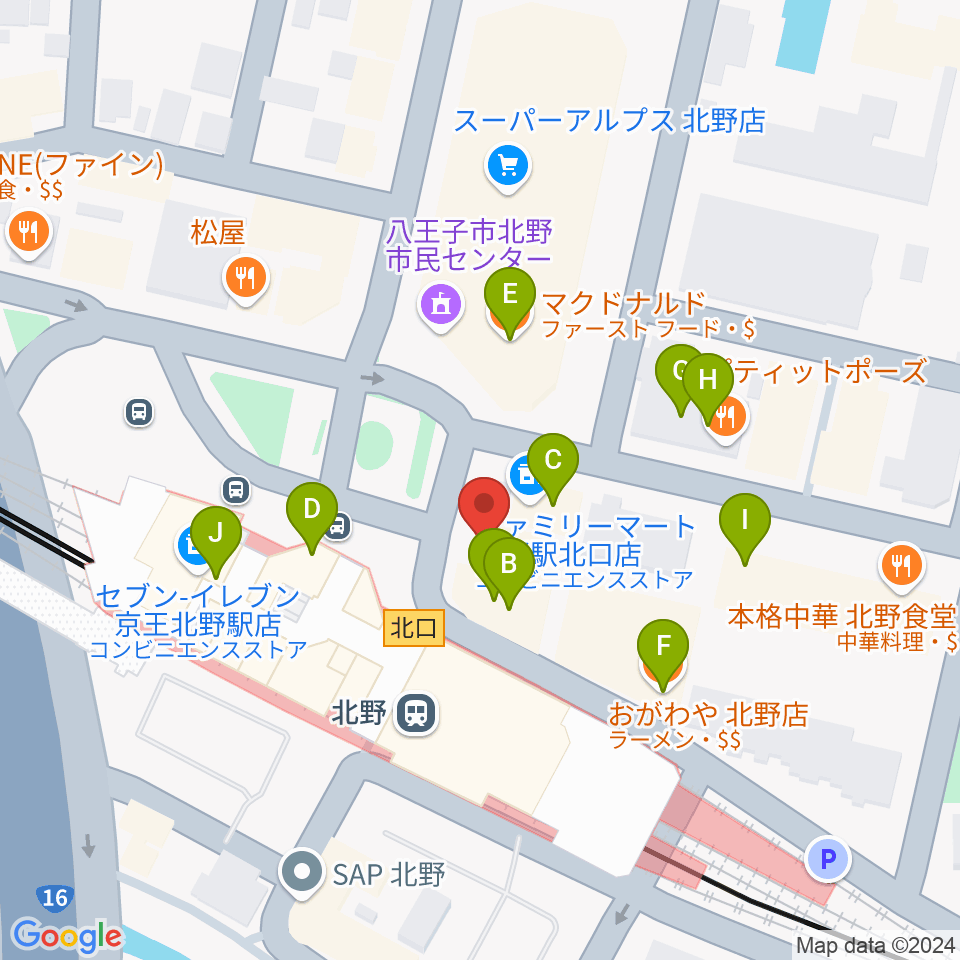 スタジオ・ラクスタ八王子北野店周辺のファミレス・ファーストフード一覧地図