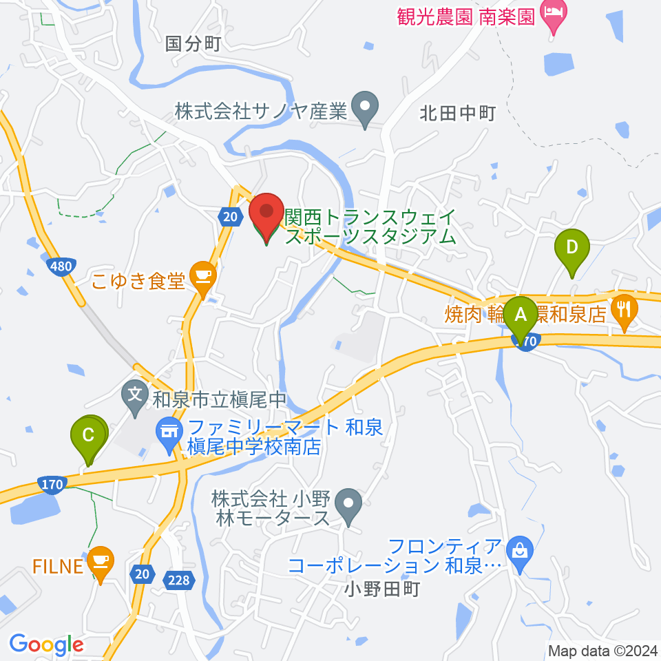 関西トランスウェイスポーツスタジアム周辺のファミレス・ファーストフード一覧地図