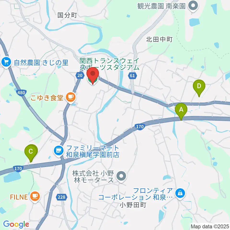 関西トランスウェイスポーツスタジアム周辺のファミレス・ファーストフード一覧地図