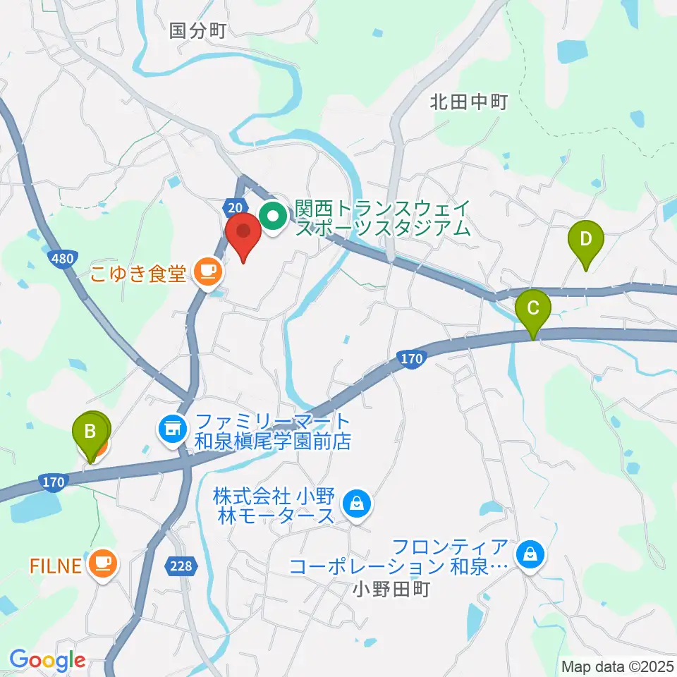関西トランスウェイスポーツスタジアム野球場周辺のファミレス・ファーストフード一覧地図