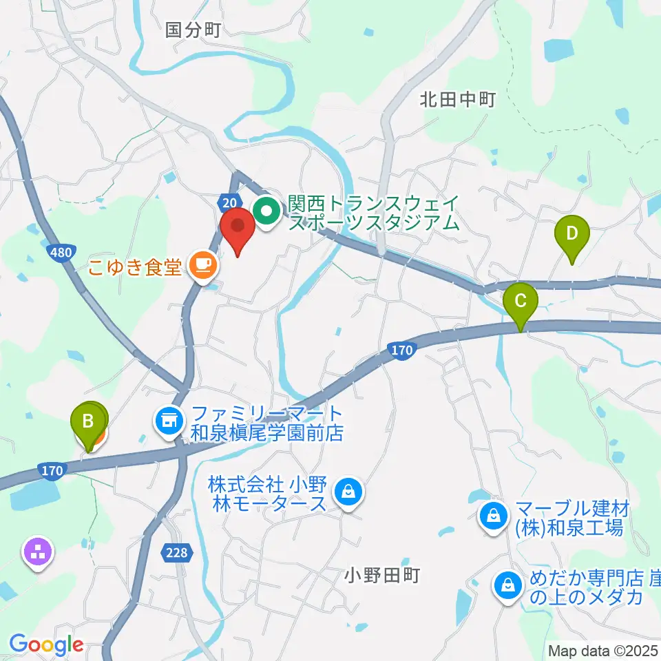関西トランスウェイスポーツスタジアム野球場周辺のファミレス・ファーストフード一覧地図