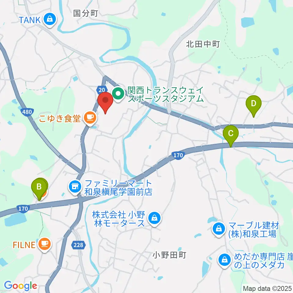 関西トランスウェイスポーツスタジアム野球場周辺のファミレス・ファーストフード一覧地図