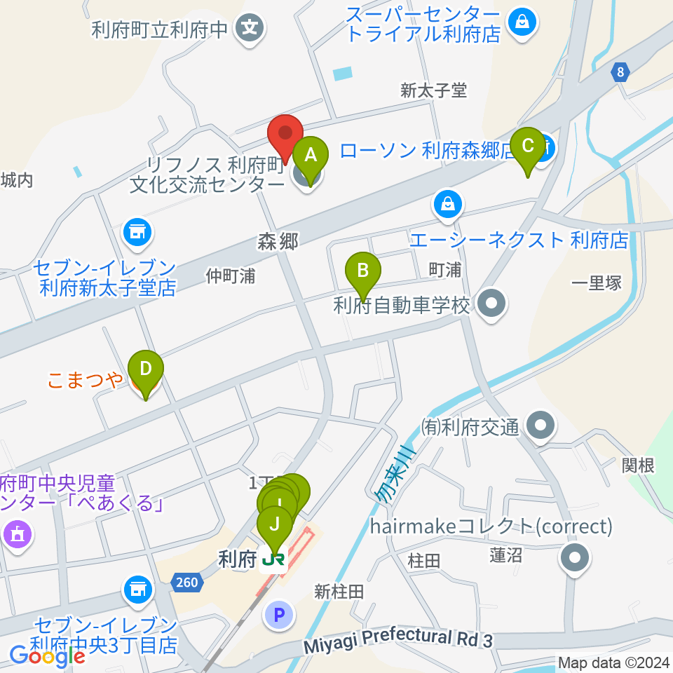 利府町文化交流センター リフノス周辺のファミレス・ファーストフード一覧地図