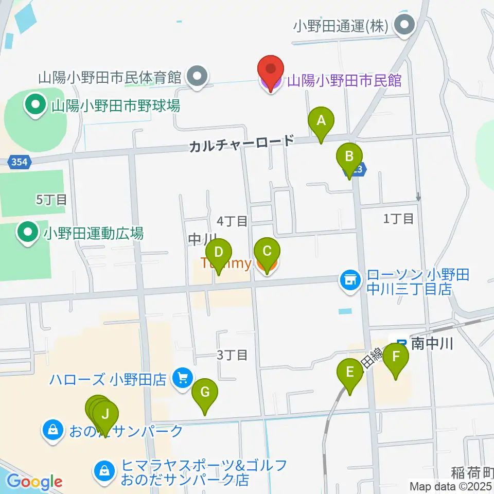 山陽小野田市民館周辺のファミレス・ファーストフード一覧地図