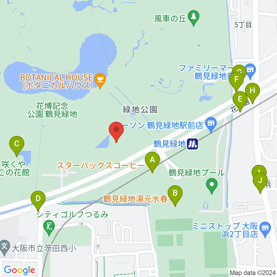 ハナミズキホール（水の館ホール）周辺のファミレス・ファーストフード一覧地図