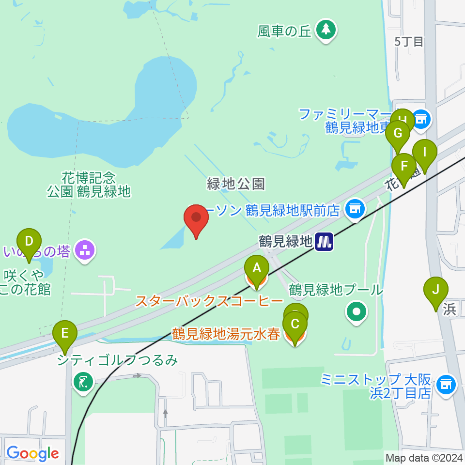 ハナミズキホール（水の館ホール）周辺のファミレス・ファーストフード一覧地図