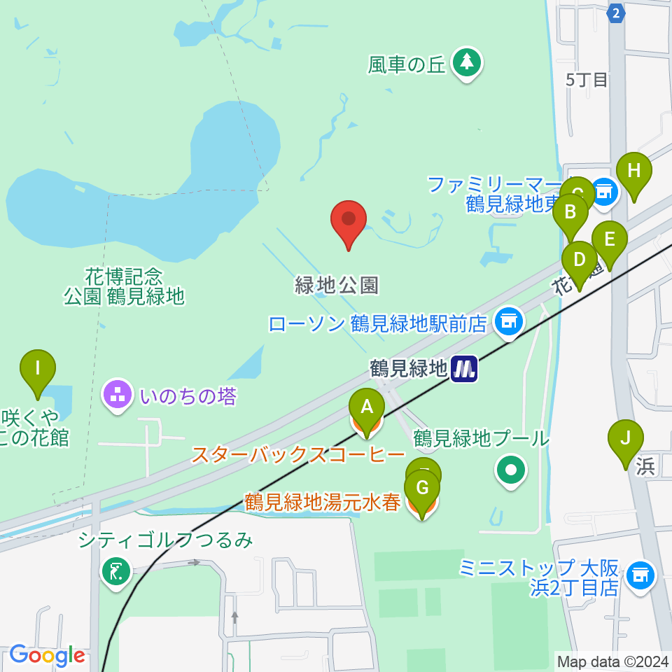 花博記念ホール周辺のファミレス・ファーストフード一覧地図