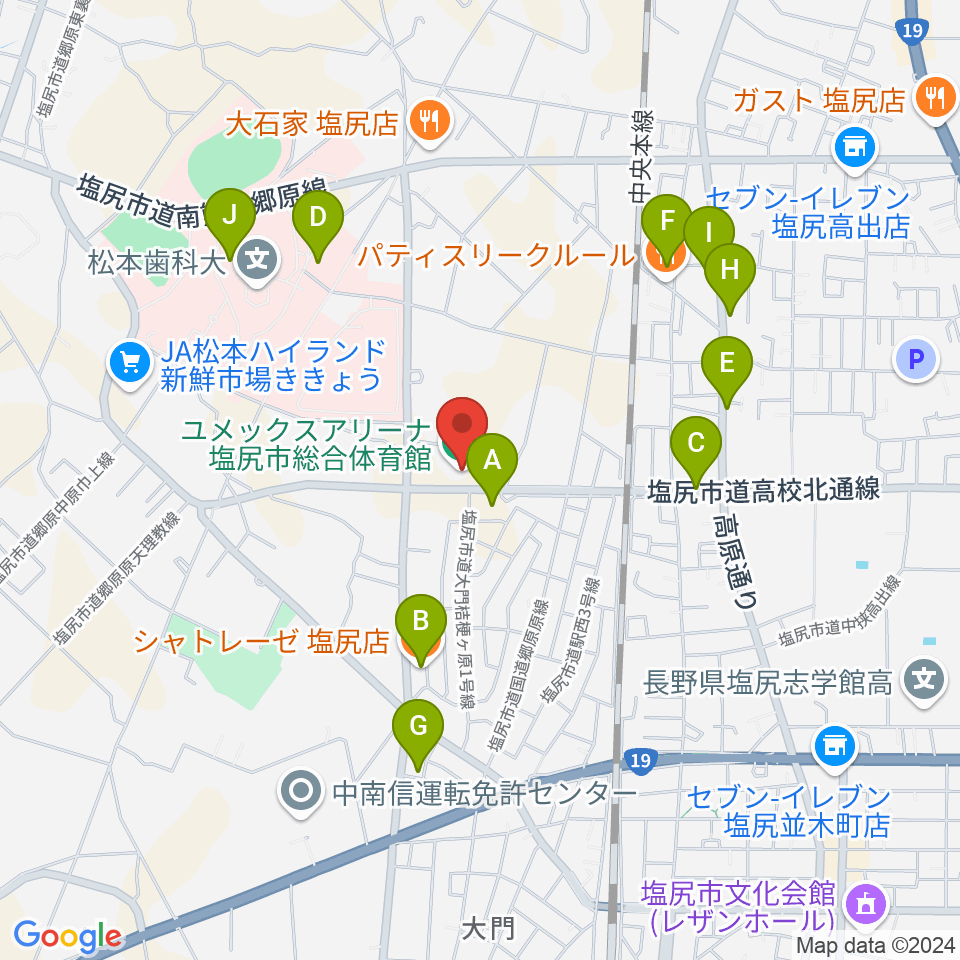 ユメックスアリーナ周辺のファミレス・ファーストフード一覧地図