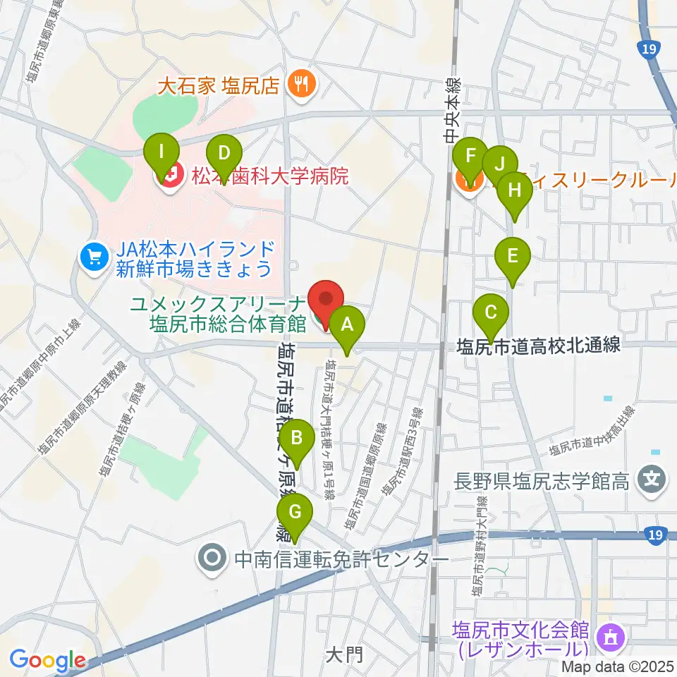 ユメックスアリーナ周辺のファミレス・ファーストフード一覧地図