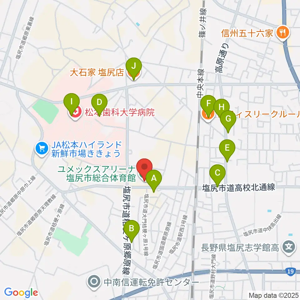 ユメックスアリーナ周辺のファミレス・ファーストフード一覧地図