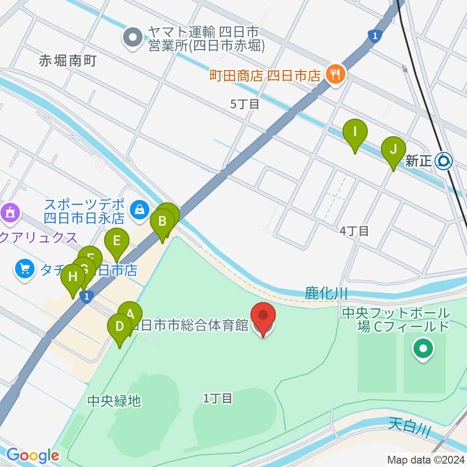 四日市市総合体育館周辺のファミレス・ファーストフード一覧地図