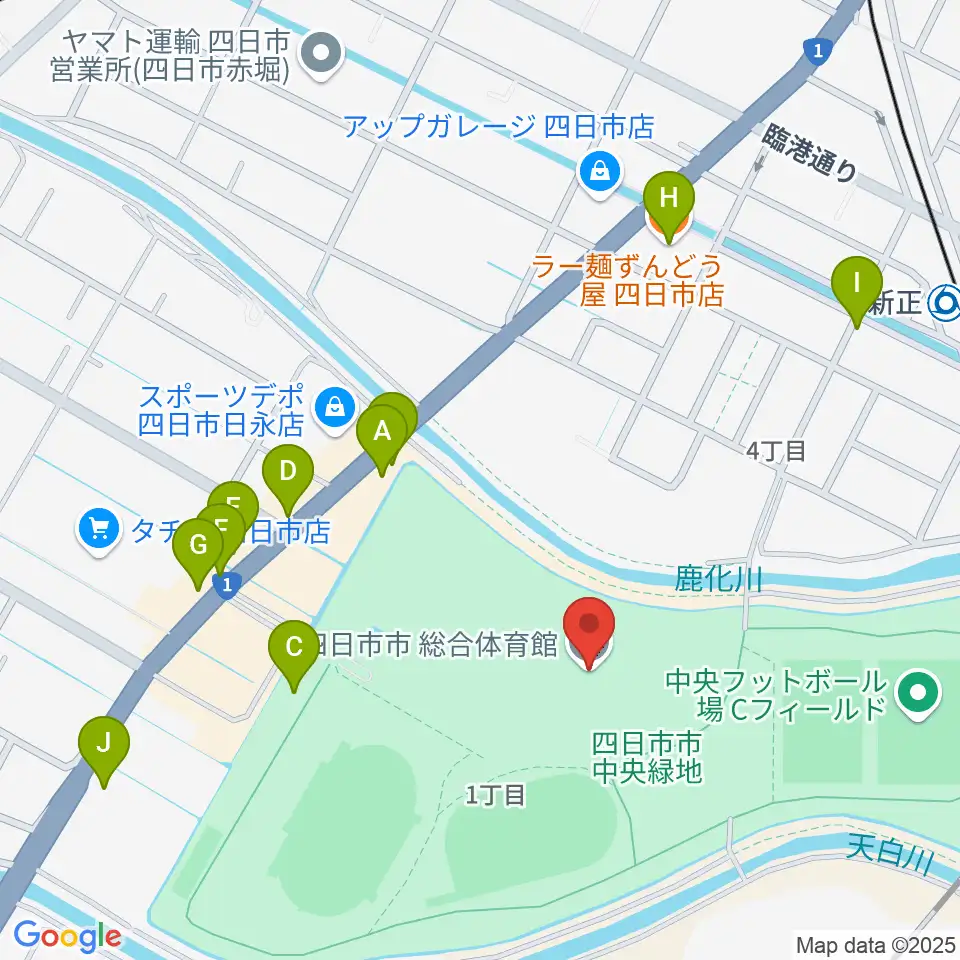四日市市総合体育館周辺のファミレス・ファーストフード一覧地図