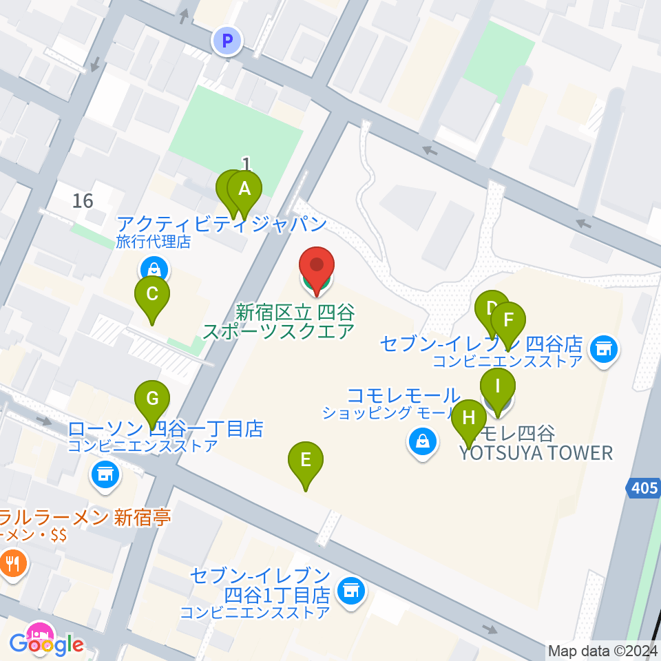 四谷スポーツスクエア周辺のファミレス・ファーストフード一覧地図