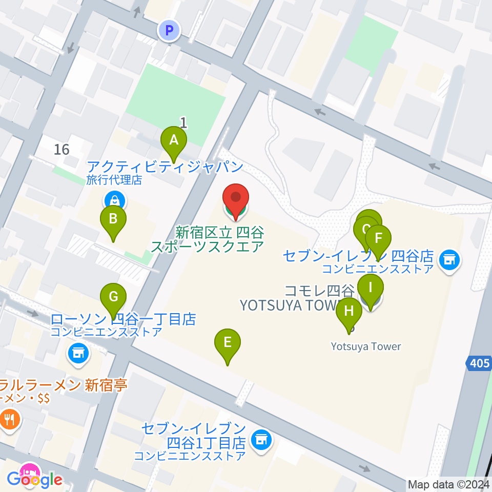 四谷スポーツスクエア周辺のファミレス・ファーストフード一覧地図