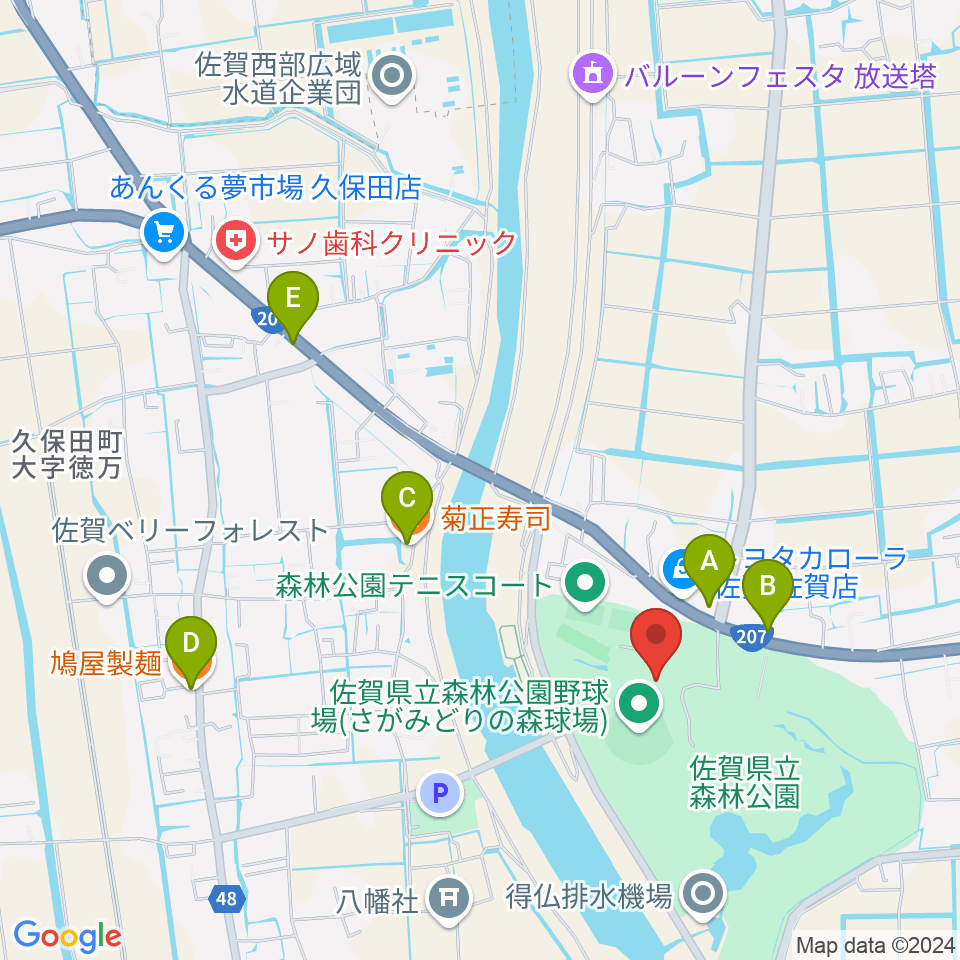 さがみどりの森球場周辺のファミレス・ファーストフード一覧地図