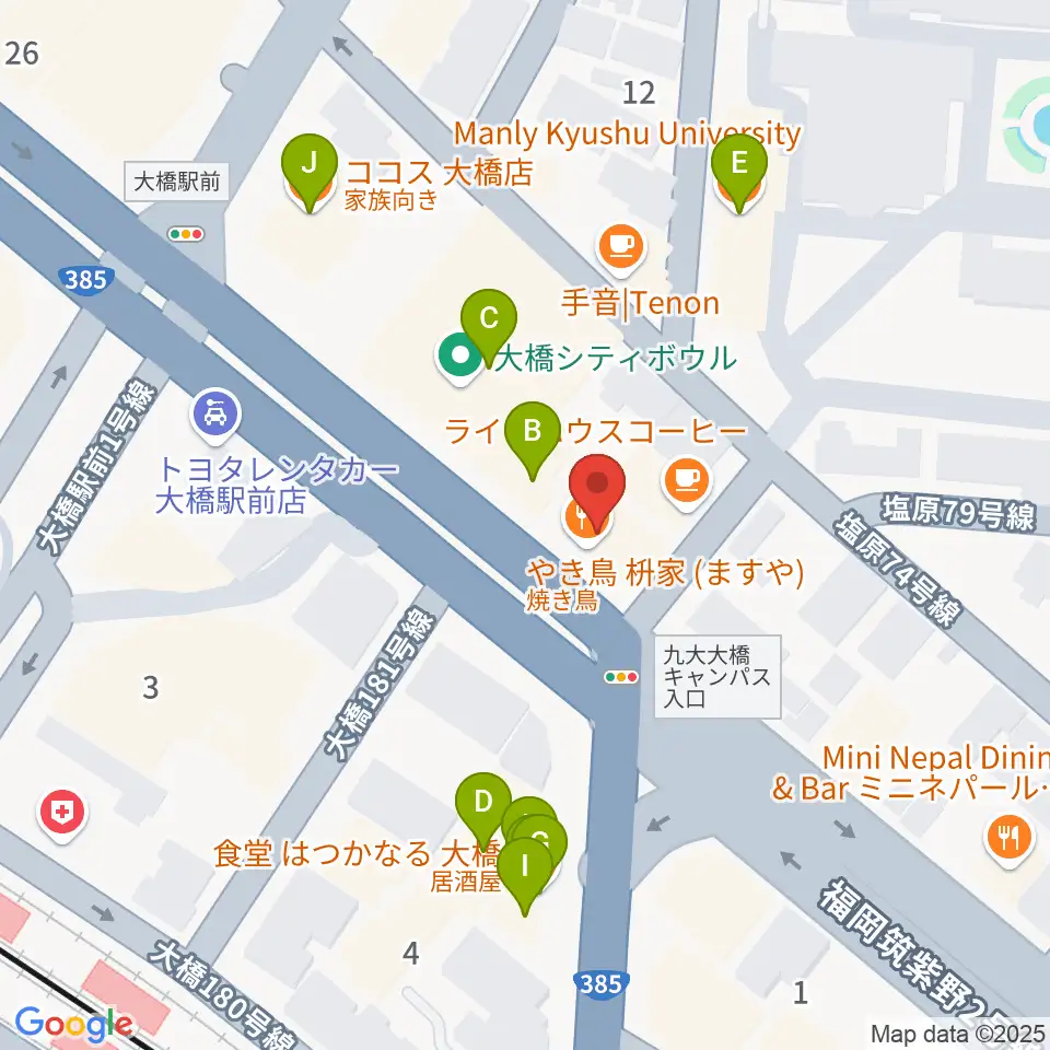 sound Boogie大橋店周辺のファミレス・ファーストフード一覧地図