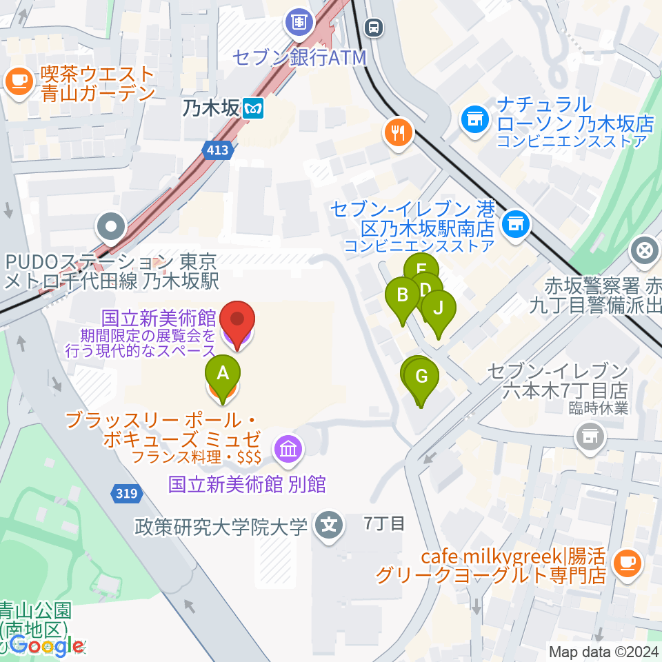 国立新美術館周辺のファミレス・ファーストフード一覧地図