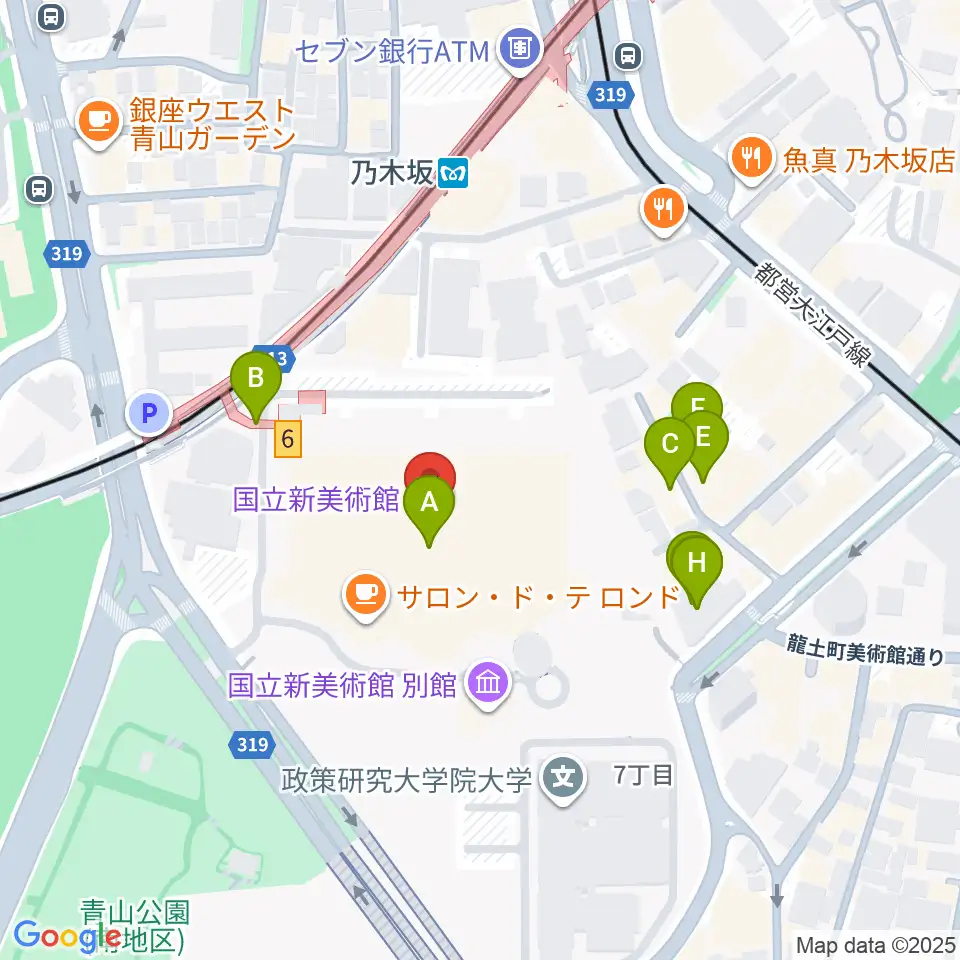 国立新美術館周辺のファミレス・ファーストフード一覧地図