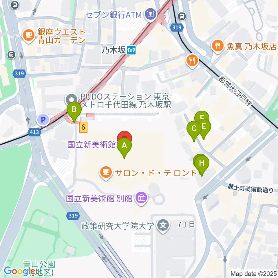 国立新美術館周辺のファミレス・ファーストフード一覧地図