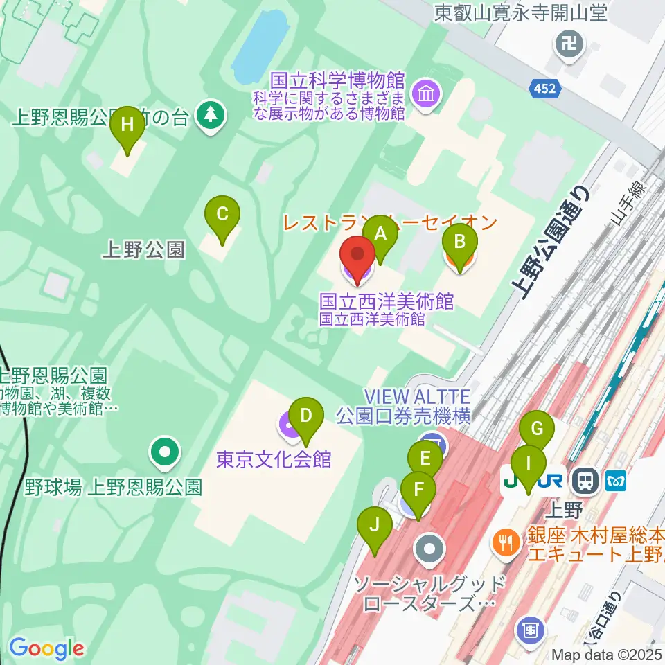 国立西洋美術館周辺のファミレス・ファーストフード一覧地図