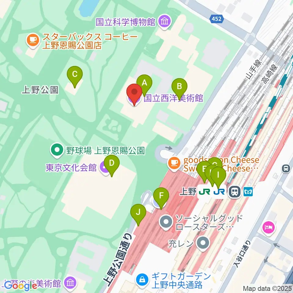 国立西洋美術館周辺のファミレス・ファーストフード一覧地図