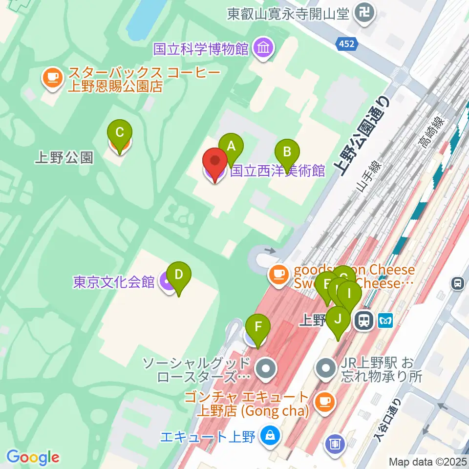 国立西洋美術館周辺のファミレス・ファーストフード一覧地図