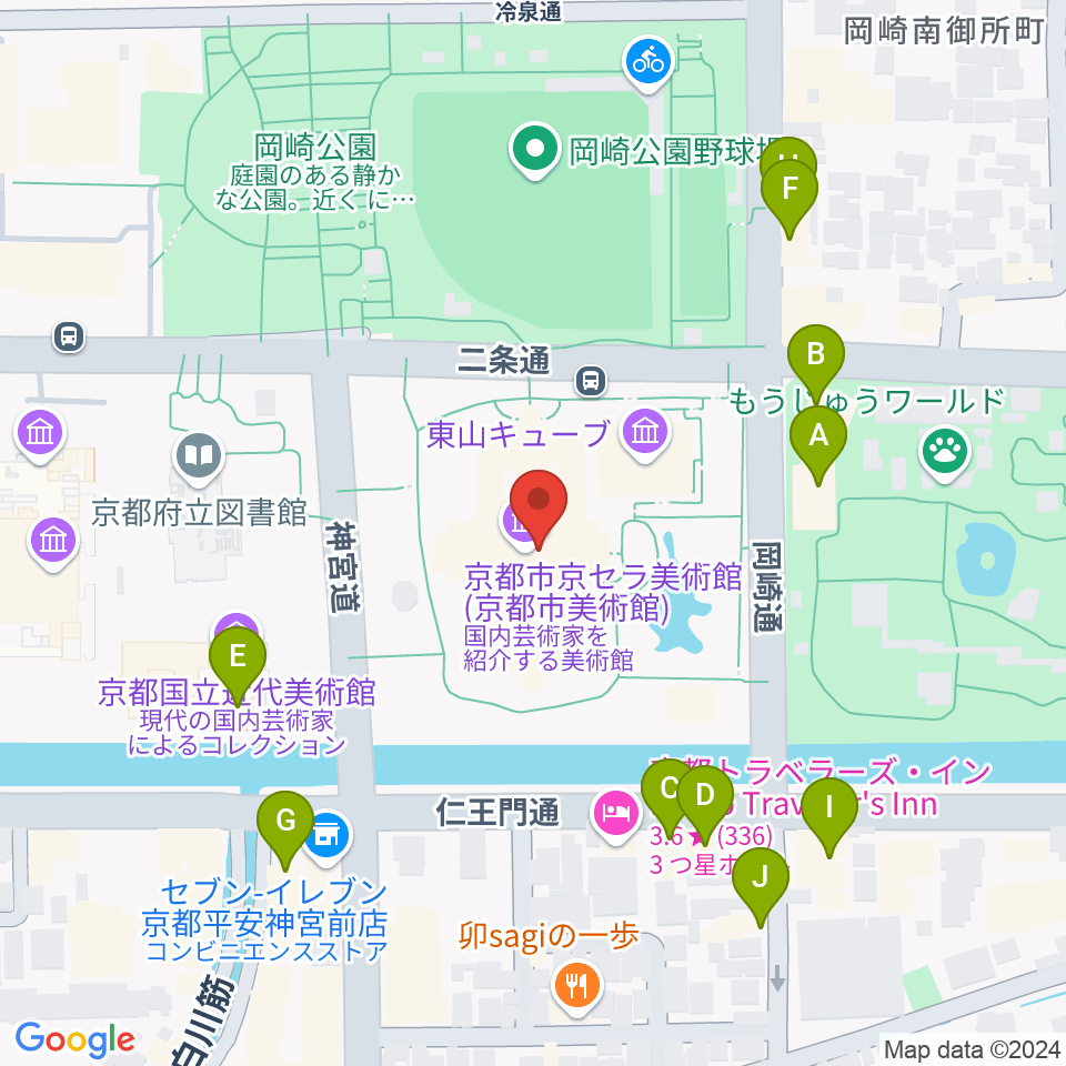 京都市京セラ美術館周辺のファミレス・ファーストフード一覧地図