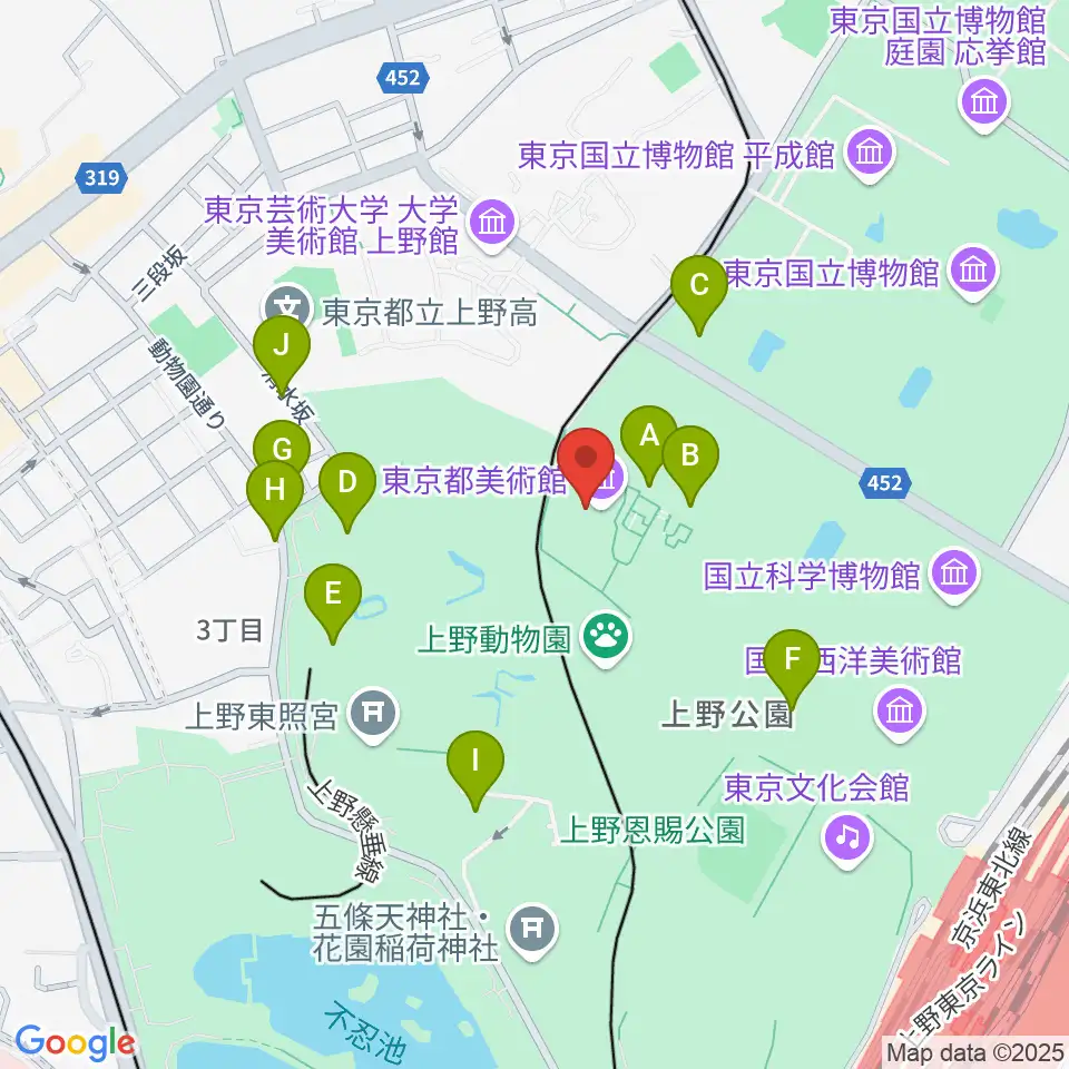 東京都美術館周辺のファミレス・ファーストフード一覧地図